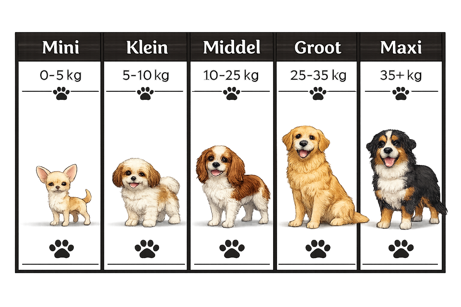 Hondengroottes: Mini (0-5 kg), Klein (5-10 kg), Middel (10-25 kg), Groot (25-35 kg), Maxi (35+ kg)